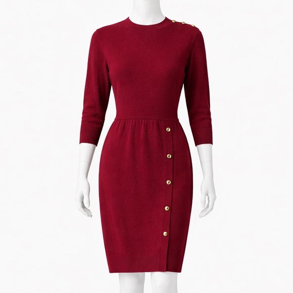 St. John by Marie Gray Burgundy Knit Dress Size 6 Gold Buttons USA Vintage 1980s - Picture 6 of 9
